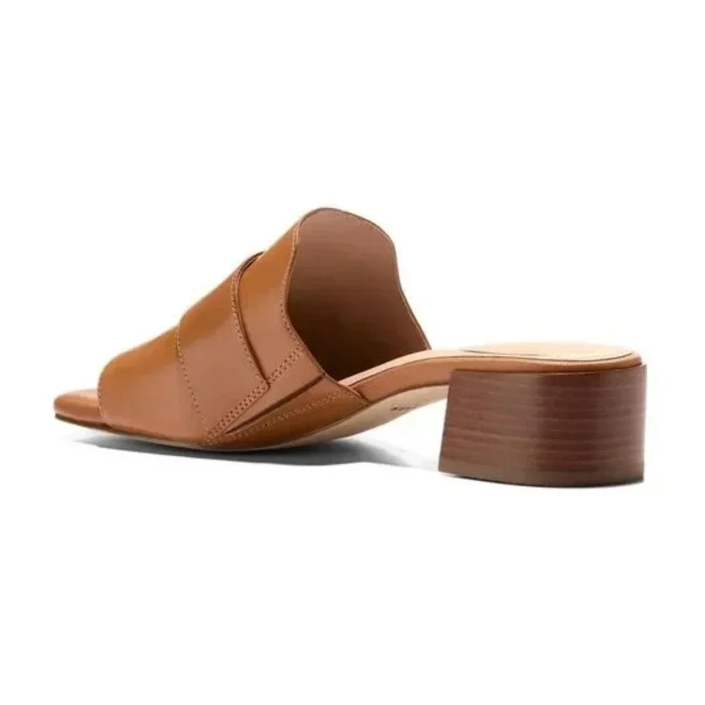 Cole Haan Crosby Slide Leather Sandal Women 10.5B‎ Tan Block Heel Gold Buckle